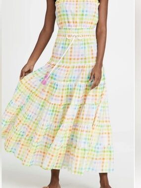 Celina Moon Pastel Gingham Maxi Dress with Tassel Tie Sz Med